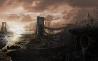 Bridge boat city cloudy sky - matte painting concept art free wallpaper for desktop
