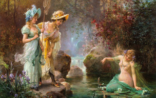 Women dresses waterfall pond lily - raphaelite free wallpaper