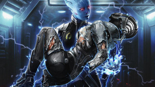 Futuristic woman gun lightning blue - a futuristic suit holding free wallpaper for desktop