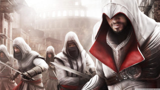 Hooded men swords city street - 2 d game art free wallpaper