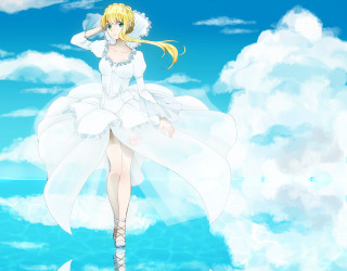 Woman white dress cloud sky - a cloud free wallpaper