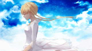 Woman white dress sitting cloud - a cloud free wallpaper