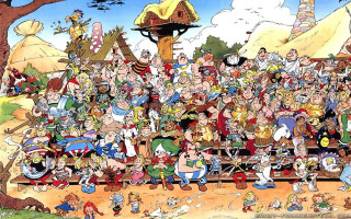 Cartoon characters gathered tree building - a cartoon scene free wallpaper