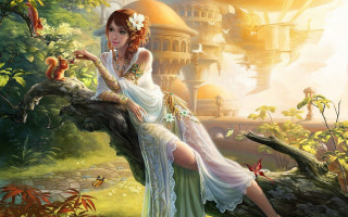 Woman white dress tree branch 5 - free fantasy wallpaper