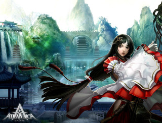 Woman red white dress sword 3 - dress holding free wallpaper