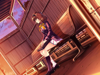 Anime girl bench building purple - a purple sky in the background free wallpaper for desktop