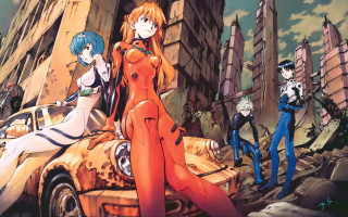 Anime characters car city woman - retrofuturism free wallpaper