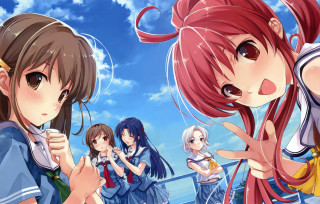 Anime girls field grass clouds - a group of anime girls free wallpaper