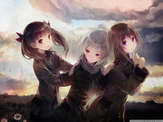 Three anime girls cloudy sky 3 - a sad expression free wallpaper