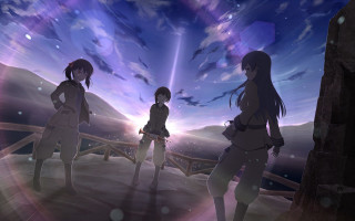 Anime girls bridge sky clouds - three anime girl free wallpaper