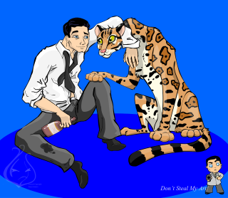 Man sitting ground cat tie - digital artwork free wallpaper