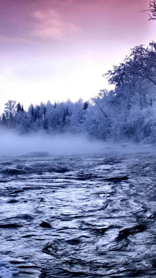 River boat trees foggy sunset - free winter wallpaper for mobile