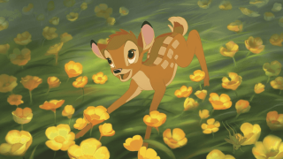 Cartoon deer running field flowers - a forest in the background free wallpaper