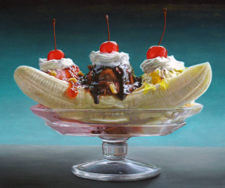 Banana split icecream cherry chocolate - detailed oil painting free wallpaper