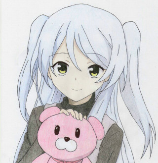 Girl holding pink teddy long - green eye free wallpaper for tablet