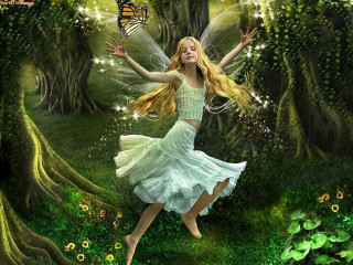 Girl white dress flying forest - a butterfly free wallpaper