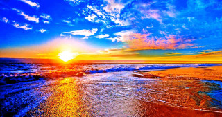 Sunset beach waves blue sky 2 - wave free wallpaper