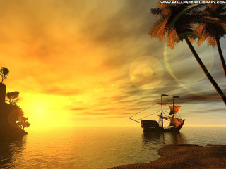 Pirate ship sailing ocean sunset - distant free wallpaper