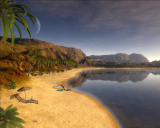 Beach chair umbrella water mountains - a full moon in the sky free wallpaper for desktop