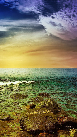 Beach rock sunset boat water - bascove free wallpaper for mobile