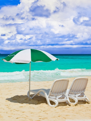 Lawn chairs umbrella beach blue - white cloud free wallpaper for mobile