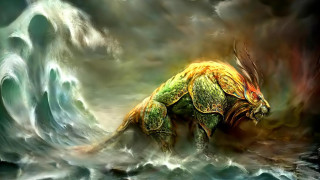 Creature water wave sky clouds - a painting of a creature free wallpaper