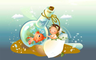 Girl dress fish bottle message - a goldfish free wallpaper