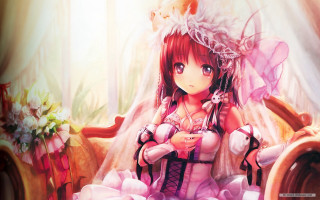 Woman pink dress sitting bed - a detailed drawing free wallpaper