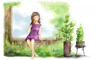 Girl ledge flower forest bush - storybook illustration free wallpaper for desktop