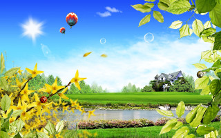 House pond hot air balloon 3 - cao buxing free wallpaper for desktop