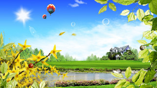 House pond bubbles sky background - a house in the background free wallpaper