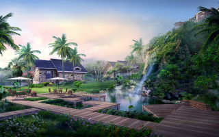 Tropical resort waterfall pool palm 2 - ding guanpeng free wallpaper
