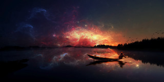 Boat lake colorful sky stars - mystical free wallpaper for desktop