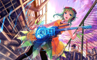 Girl guitar city street sky - auto free wallpaper