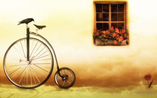 Bicycle bird window flowers painting - matte drawing free wallpaper for desktop