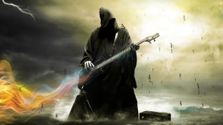 Man hooded robe guitar storm - sky free wallpaper