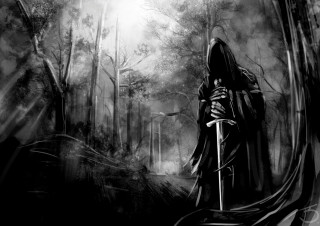Hooded man sword dark forest - a dark forest free wallpaper