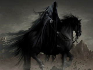 Man riding black horse field - death free wallpaper