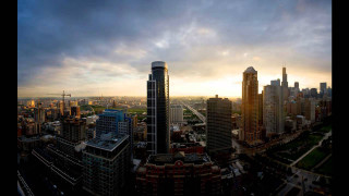 City skyline cloudy sky sunset 2 - wide angle len free wallpaper