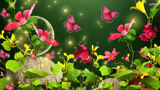 Green background flowers butterflies bubble - nature free wallpaper