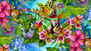 Butterflies flowers blue background sky - psychedelic art free wallpaper for desktop
