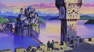 Castle clocktower couple standing edge - a painting of a castle free wallpaper