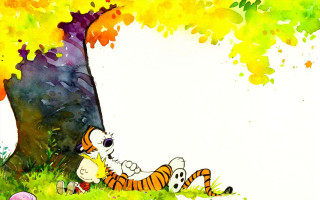 Tiger laying under tree white - bill watterson free wallpaper