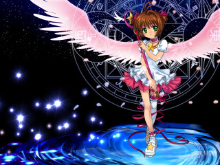 Anime girl wings pink dress - a circular background free wallpaper