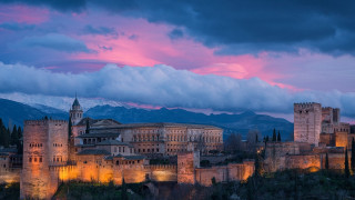Castle clock tower dusk mountains - dusk free wallpaper