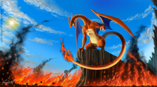 Cartoon dragon rock fire sky - cloud and a sun free wallpaper