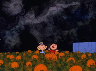 Cartoon boy girl pumpkin patch - free halloween wallpaper