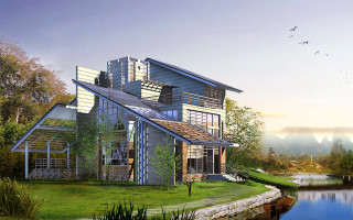 House lake bird flying sunny - overhead free wallpaper