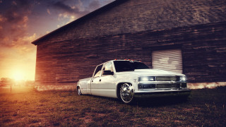 White truck barn sunset dawn - clean free wallpaper