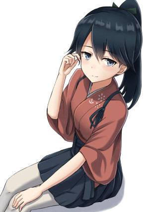 Girl sitting ground hand head - ukiyoe free wallpaper for mobile